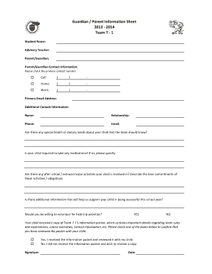 Guardian Parent Information Sheet
