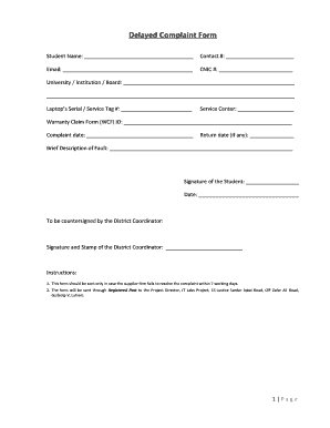 Delayed Complaint Form for Laptop Warranty