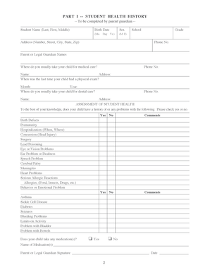 Student Health History and Physical Exam Form