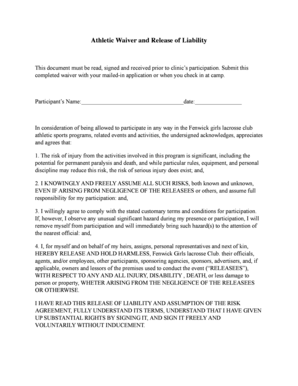 Athletic Waiver and Release of Liability