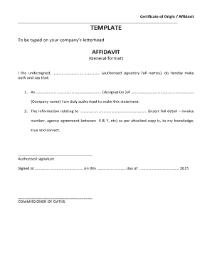 Certificate of Origin Affidavit Template