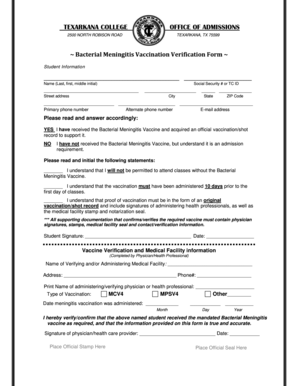 Bacterial Meningitis Vaccination Verification Form
