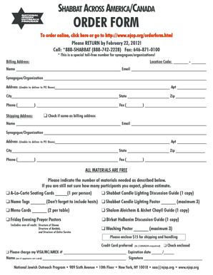 Shabbat Across America/Canada Order Form