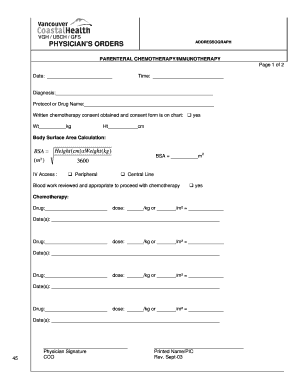 Physician's Orders for Parenteral Chemotherapy