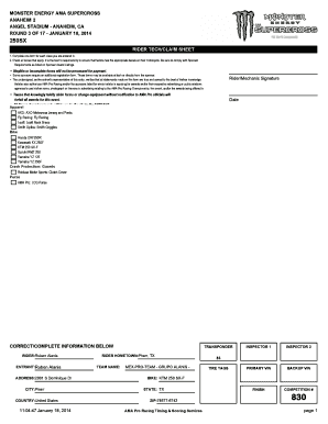 Monster Energy AMA Supercross Rider Tech/Claim Sheet