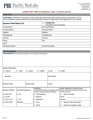 Laboratory Service Request for Class Plastics