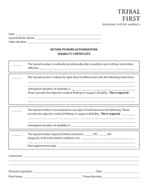 Return to Work Authorization Disability Certificate