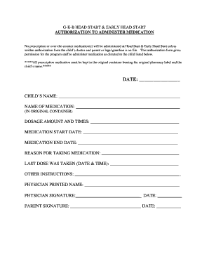 Head Start Medication Authorization Form