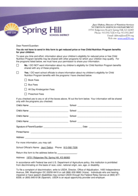 Child Nutrition Program Benefits Consent Form