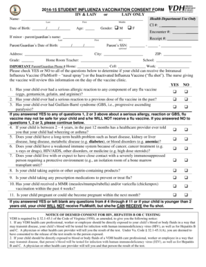 2014-15 Student Influenza Vaccination Consent Form