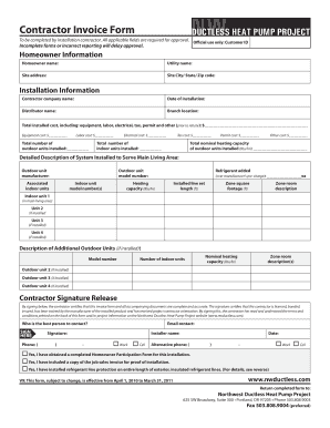 Contractor Invoice Form for Ductless Heat Pump Project