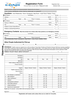 KidsPark Child Care Registration Form