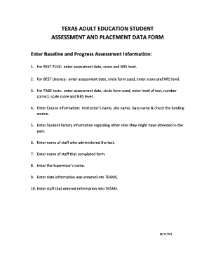 Texas Adult Education Student Assessment Form