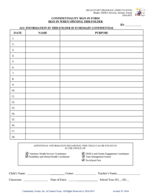 Head Start Confidentiality Sign-In Form