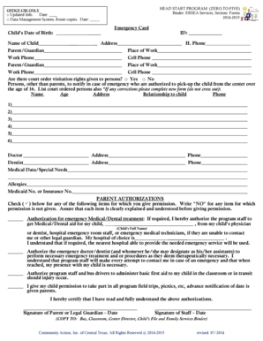 Head Start Emergency Card