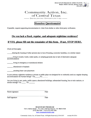 Head Start Homeless Questionnaire