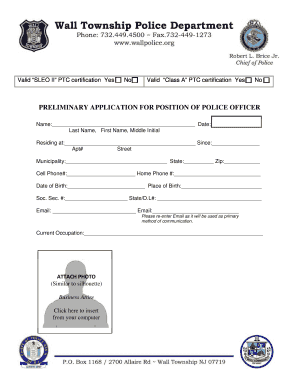 Preliminary Application for Position of Police Officer