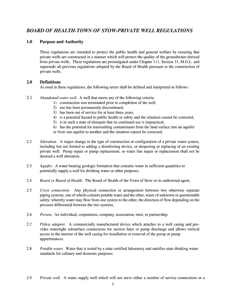 Fillable Online stowma Private Well Regulations Stow Massachusetts