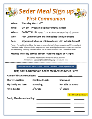 2013 First Communion Seder Meal Attendance Form