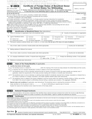 Form W-8BEN Certificate of Foreign Status