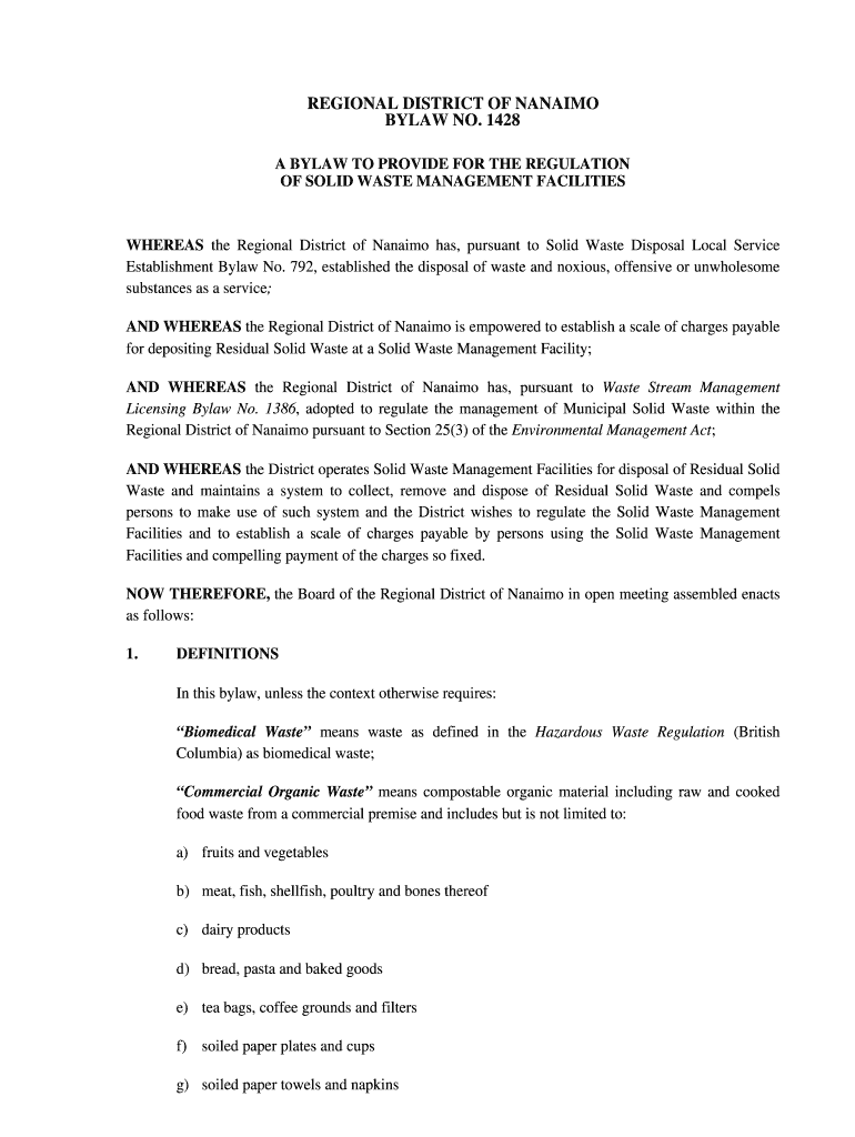 Fillable Online Solid Waste Management Regulation Bylaw No 1428
