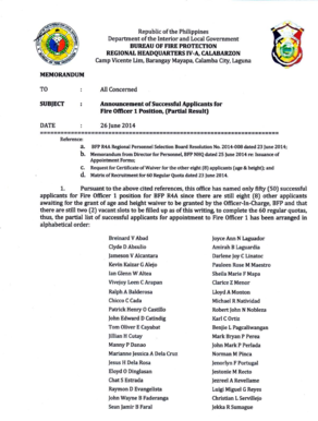 Republic of the Philippines Departrnent of the Interior and Local Government BUREAU OF FIRE PROTECTION REGIONAL HEADQUARTERS rV-A, CAIIIBARZON Camp Vicente Lim, BarangayMayapa, Calamba City, Laguna MEMORANDUM All Concerned TO suBtEcT : DATE