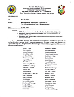 Republic of the Philippines Departrnent of the Interior and Local Government BUREAU OF FIRE PROTECTION REGIONAT HEADQUARTERS IV-A, CALABARZON CampVicente Lim, BarangayMayapa, Calamba City, Laguna MEMORANDUM TO : suBfEcr : DATE : All