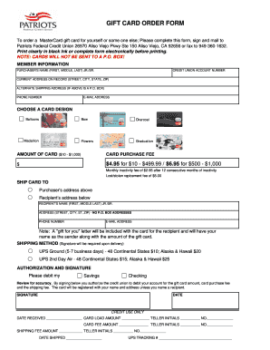 MasterCard Gift Card Order Form