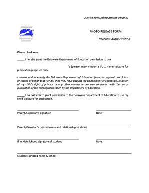 Permission form for photo release - PHOTO RELEASE FORM Parental Authorization - Delaware BPA - delawarebpa