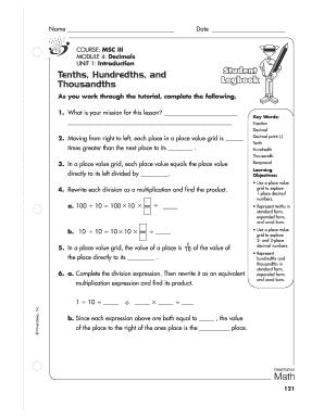 MSC III Module 4 Decimals Worksheet