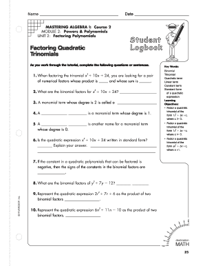 Algebra Worksheet Factoring Quadratic Trinomials