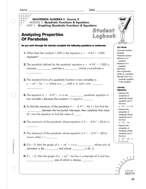 Algebra Worksheet: Graphing Quadratic Functions