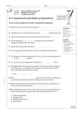 Math Worksheet: Exponents and Number Operations