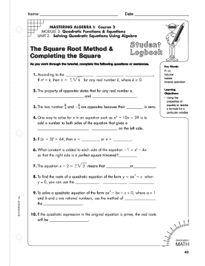 Algebra Worksheet: Quadratic Equations