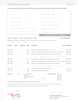 Trade Fair Hostesses and Stand Setup Order Form