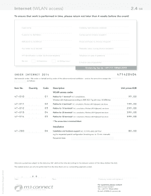 Internet (WLAN-Zugang) Bestellformular