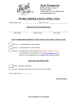 China Visa Application Work Order