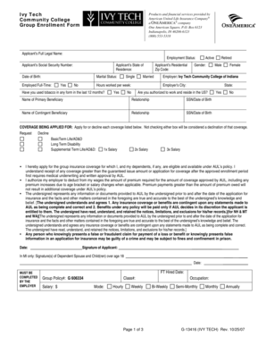 Ivy Tech Community College Life and Disability Insurance Enrollment Form