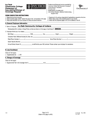 Ivy Tech Community College Insurance Coverage Request Form