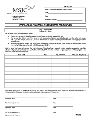 Dependent Household Verification Form 10-11