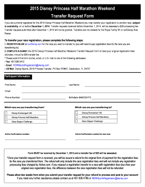 2015 Disney Princess Half Marathon Transfer Request Form