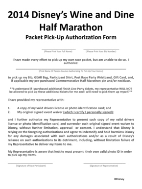 Disney Wine and Dine Half Marathon Packet Pick-Up Authorization Form