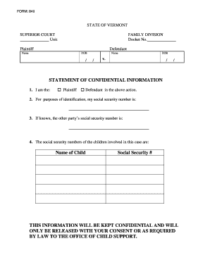 Vermont Statement of Confidential Information