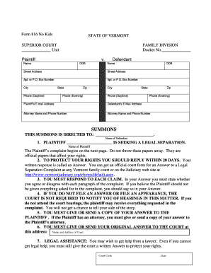Vermont Legal Separation Complaint and Summons