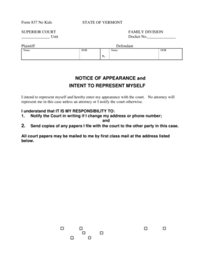 Vermont Notice of Appearance and Intent to Represent Myself