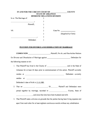 Arkansas Divorce Petition Form