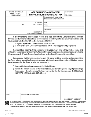 Hawaii Civil Union Divorce Appearance and Waiver