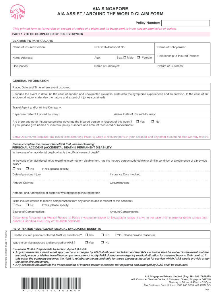 Fillable Online AIA AssistAround The World Claim Form AIA Singapore