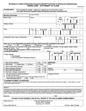 Bricklayers Vision Care Claim Form