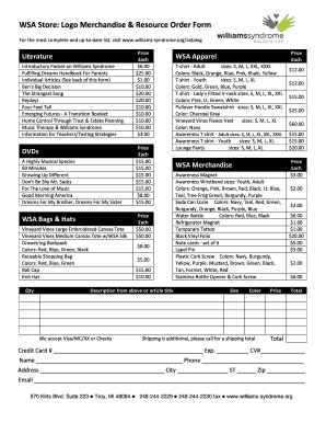 Williams Syndrome Merchandise Order Form